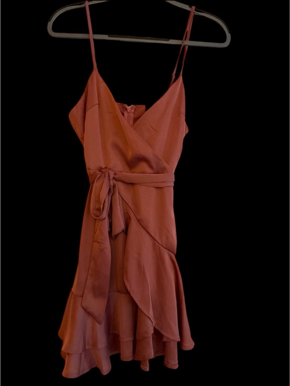 Polly Rust Wrap Front Mini Dress w/Tie Waist layer ruffle hem breezy flattering
